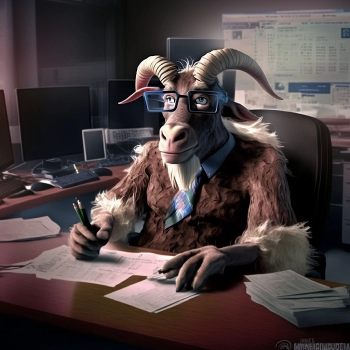 an anthropomorphized goat working hard at his desk at work